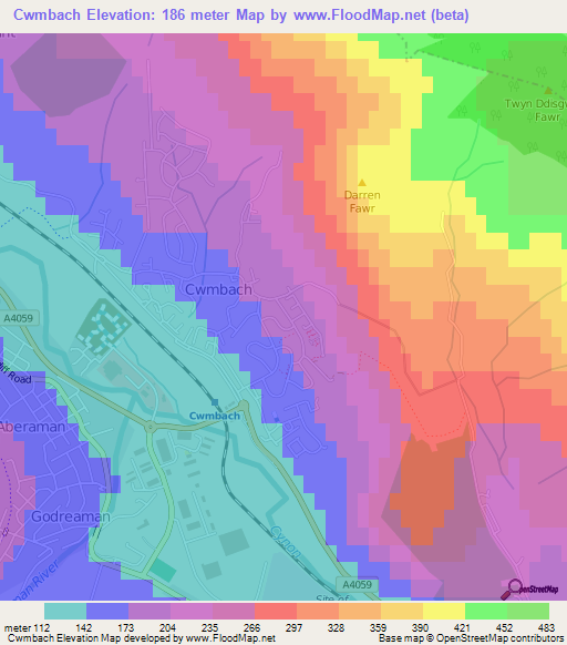 Cwmbach,UK Elevation Map