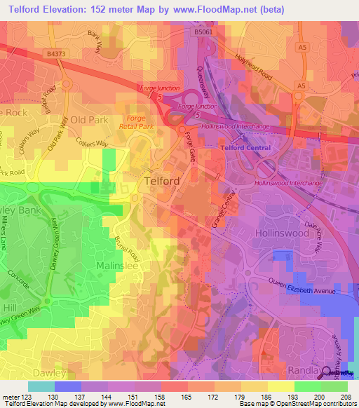 Telford,UK Elevation Map