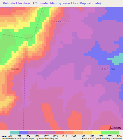 Vetanda,Angola Elevation Map