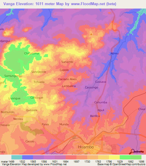 Vanga,Angola Elevation Map