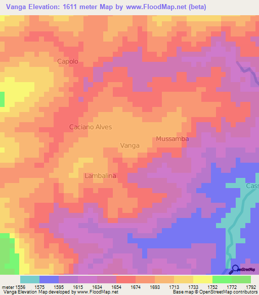 Vanga,Angola Elevation Map