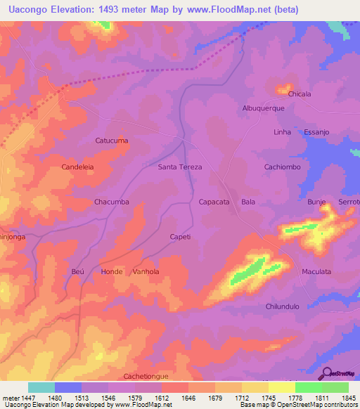 Uacongo,Angola Elevation Map