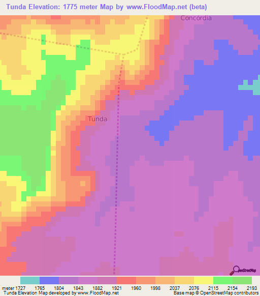 Tunda,Angola Elevation Map