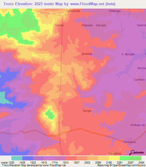 Troco,Angola Elevation Map