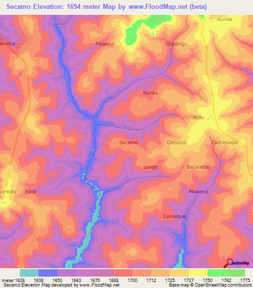 Secamo,Angola Elevation Map