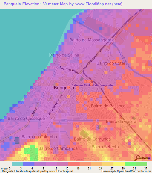 Benguela,Angola Elevation Map