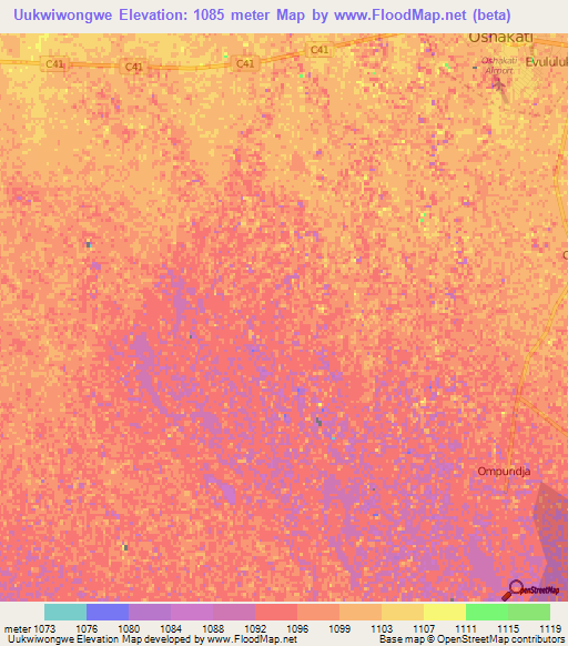 Uukwiwongwe,Namibia Elevation Map
