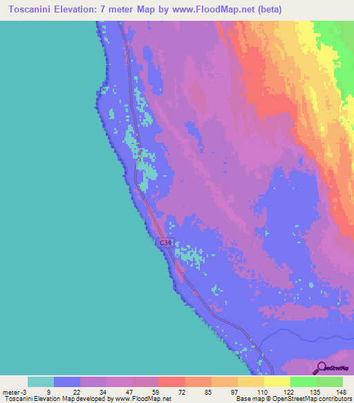 Toscanini,Namibia Elevation Map