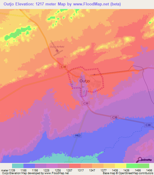 Outjo,Namibia Elevation Map
