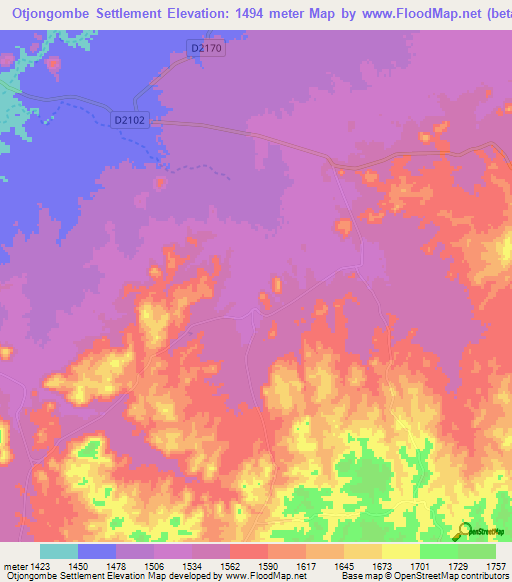 Otjongombe Settlement,Namibia Elevation Map