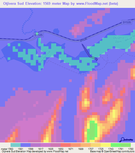 Otjivera Sud,Namibia Elevation Map