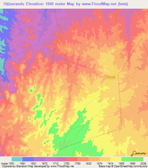 Otjiserandu,Namibia Elevation Map