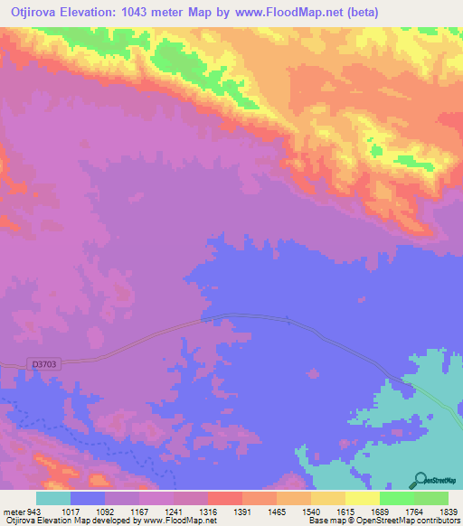 Otjirova,Namibia Elevation Map