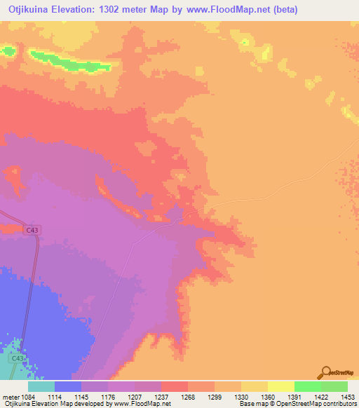 Otjikuina,Namibia Elevation Map