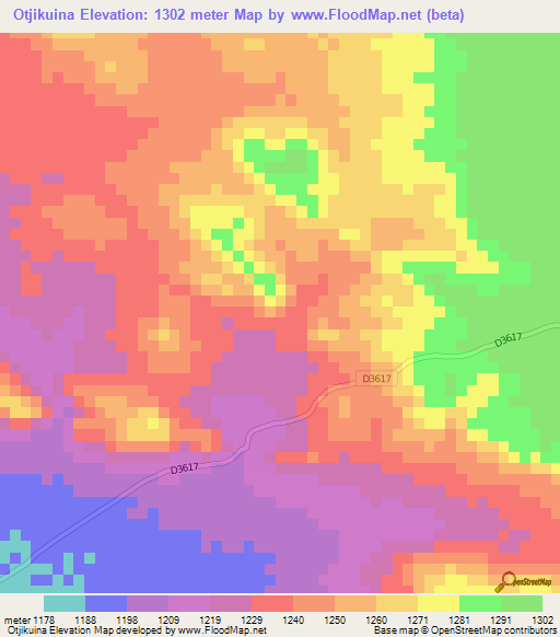 Otjikuina,Namibia Elevation Map