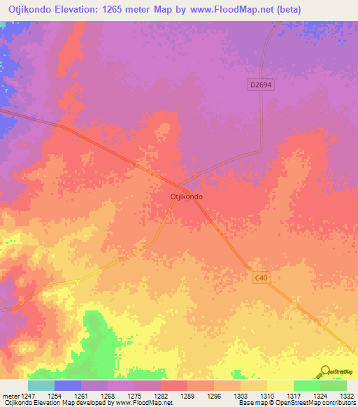Otjikondo,Namibia Elevation Map