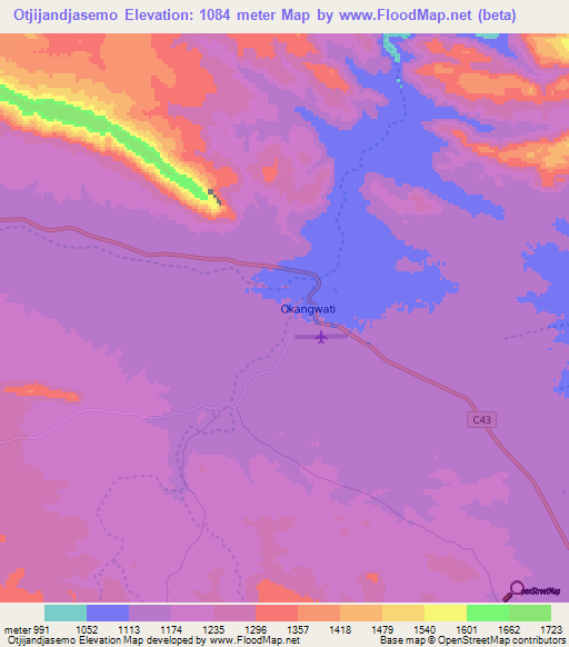 Otjijandjasemo,Namibia Elevation Map
