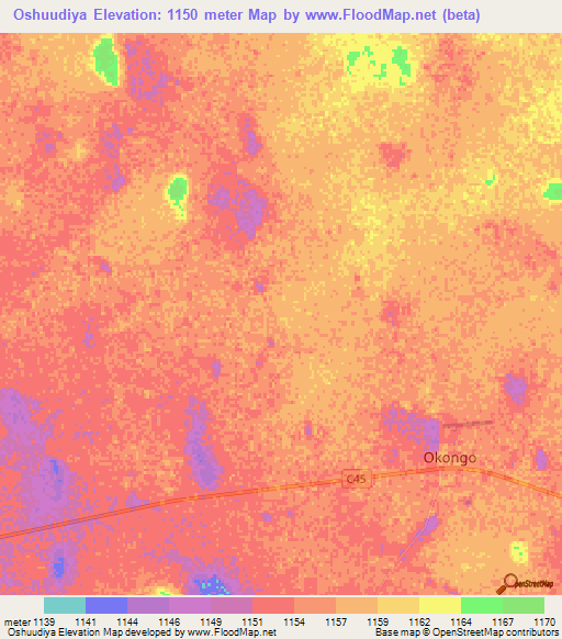 Oshuudiya,Namibia Elevation Map