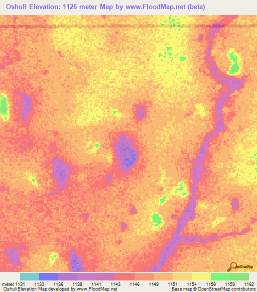 Oshuli,Namibia Elevation Map