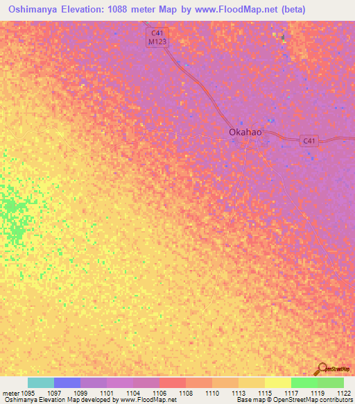 Oshimanya,Namibia Elevation Map