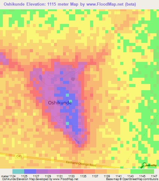 Oshikunde,Namibia Elevation Map