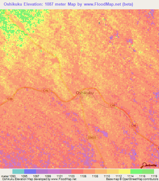 Oshikuku,Namibia Elevation Map