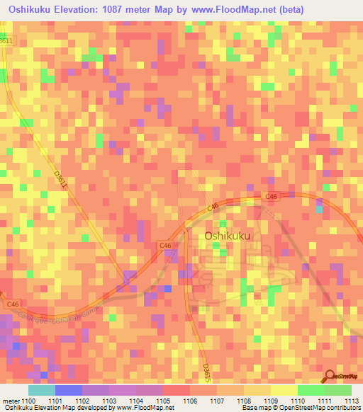 Oshikuku,Namibia Elevation Map