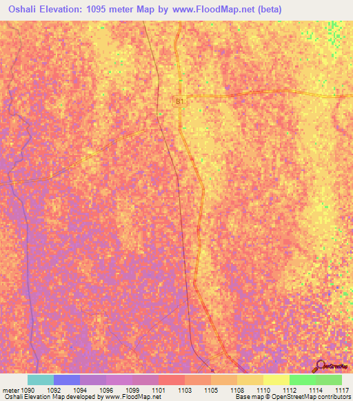 Oshali,Namibia Elevation Map