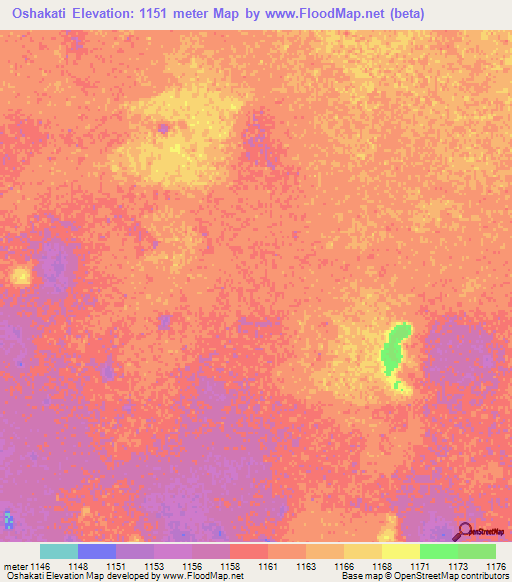 Oshakati,Namibia Elevation Map