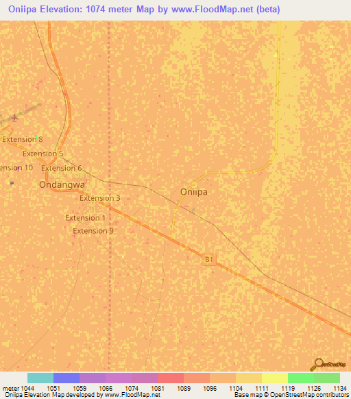 Oniipa,Namibia Elevation Map