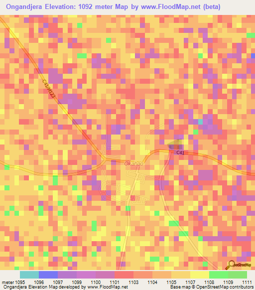 Ongandjera,Namibia Elevation Map