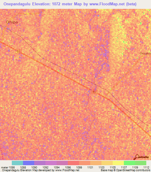 Onepandagulu,Namibia Elevation Map