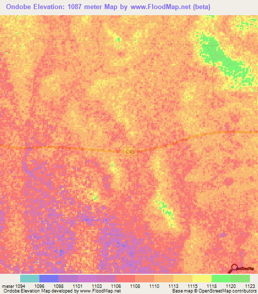 Ondobe,Namibia Elevation Map
