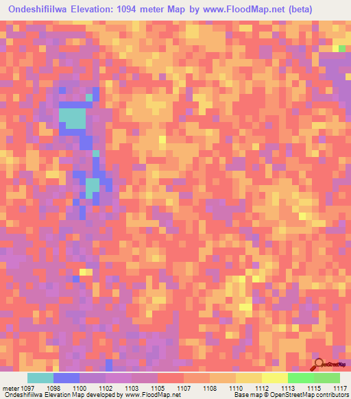 Ondeshifiilwa,Namibia Elevation Map