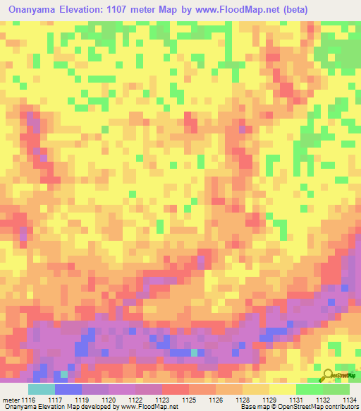 Onanyama,Namibia Elevation Map