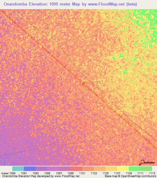 Onandomba,Namibia Elevation Map