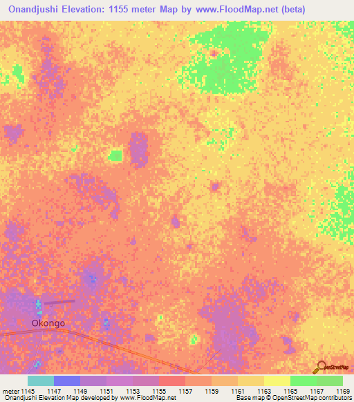 Onandjushi,Namibia Elevation Map