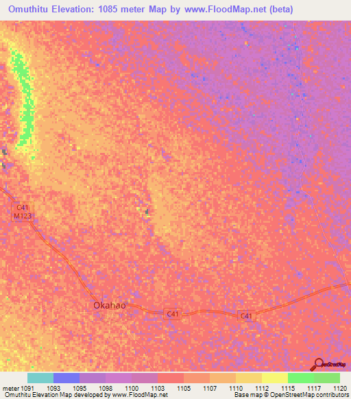 Omuthitu,Namibia Elevation Map