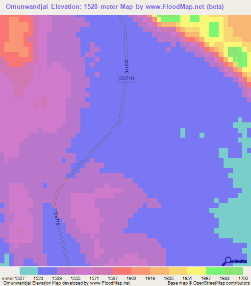 Omunwandjai,Namibia Elevation Map