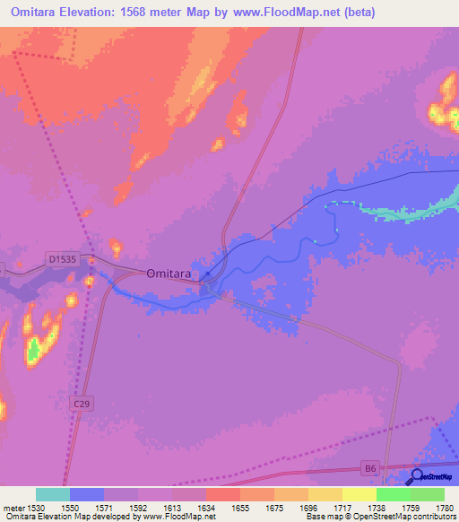 Omitara,Namibia Elevation Map