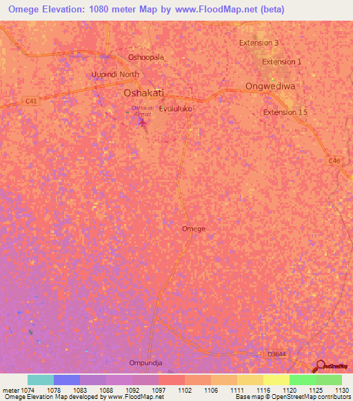 Omege,Namibia Elevation Map