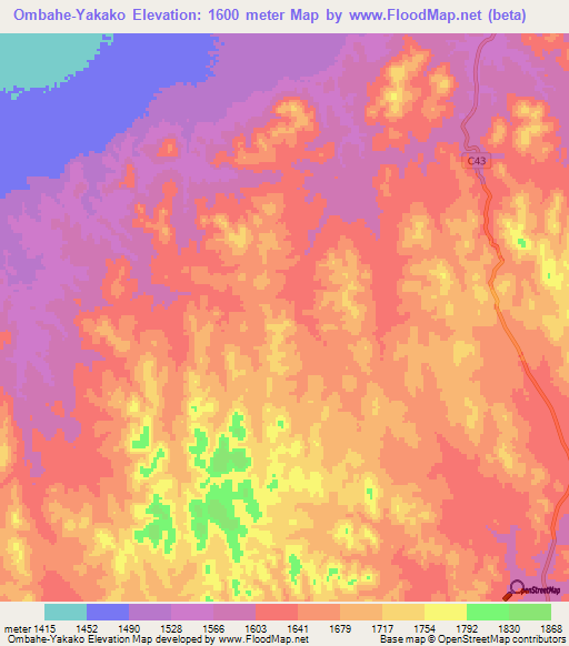 Ombahe-Yakako,Namibia Elevation Map