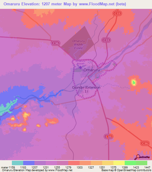 Omaruru,Namibia Elevation Map