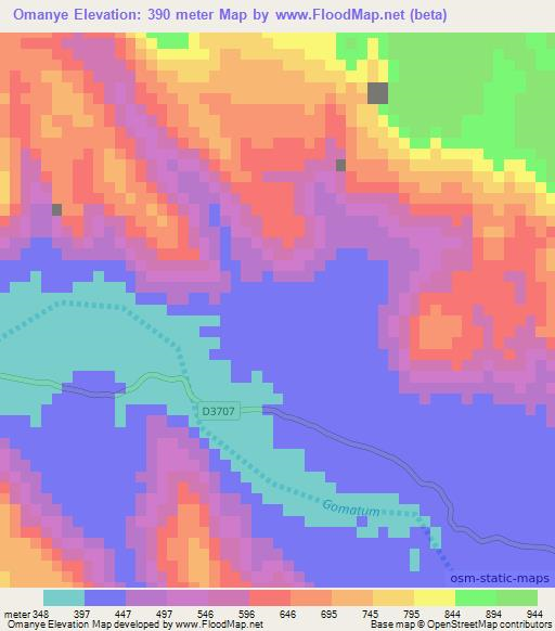 Omanye,Namibia Elevation Map
