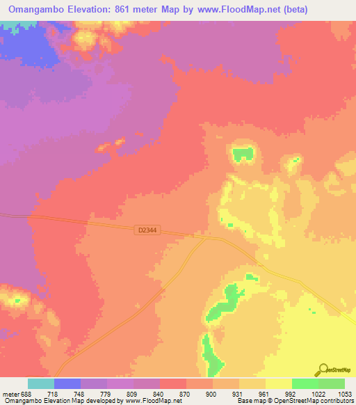 Omangambo,Namibia Elevation Map