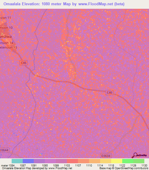 Omaalala,Namibia Elevation Map