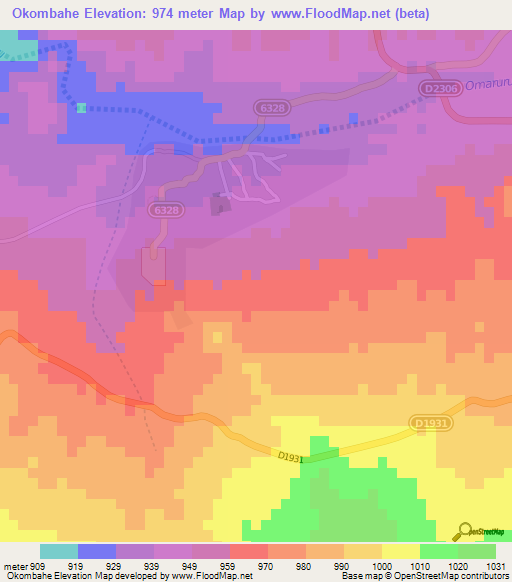 Okombahe,Namibia Elevation Map