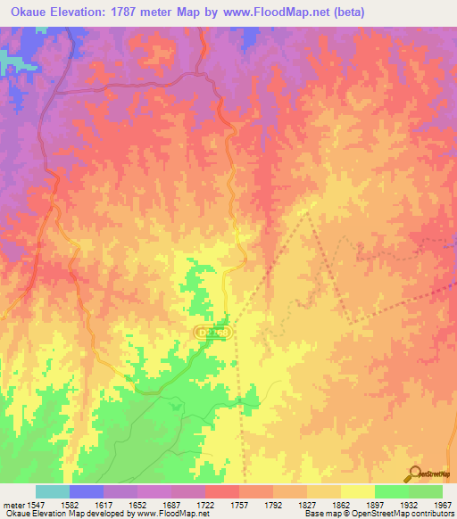 Okaue,Namibia Elevation Map