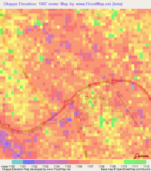 Okapya,Namibia Elevation Map