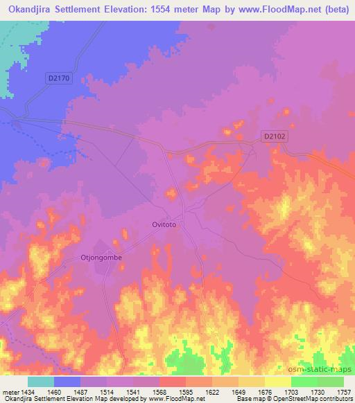 Okandjira Settlement,Namibia Elevation Map